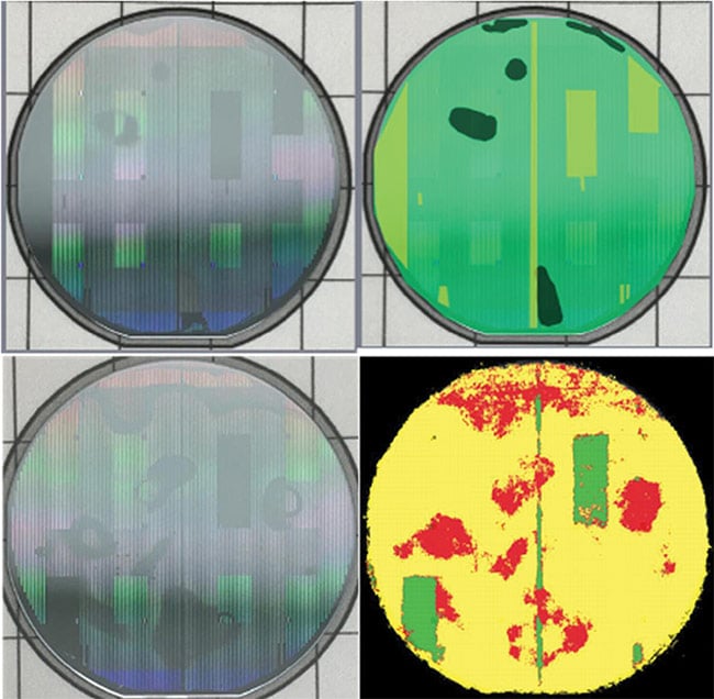 Figure 2. Top row: Original wafer image (left) and annotated image (right). Bottom row: Original wafer image (left) and corresponding defect detection result (right). See Reference 1. Courtesy of Alpes Lasers and CORE.