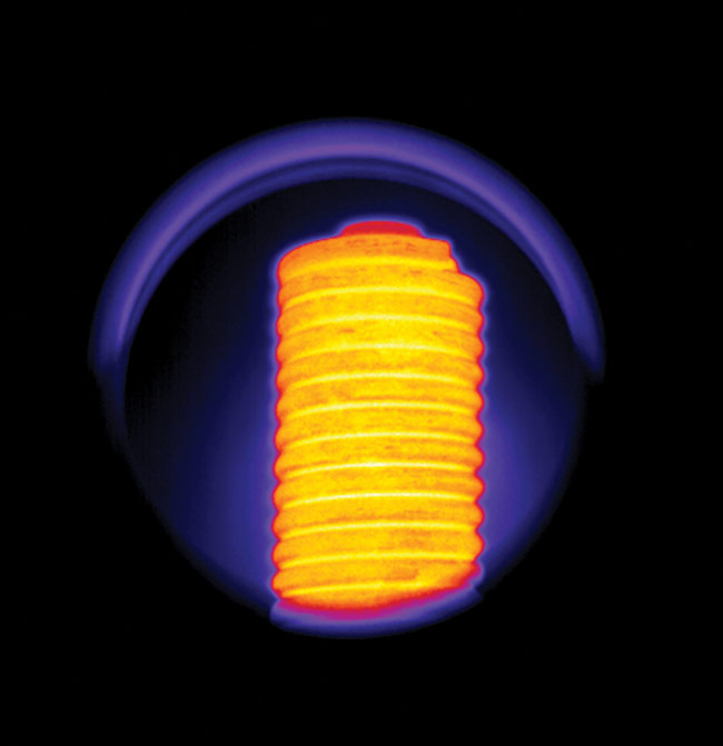 Thermal image of a heating coil inside a furnace captured through a chalcogenide glass window. Amid its announcements in July to offer its signature chalcogenide materials in raw form, LightPath Technologies acquired Visimid Technologies, an engineering and design firm that specializes in thermal imaging, night vision, and Internet of Things applications. Courtesy of LightPath Technologies.