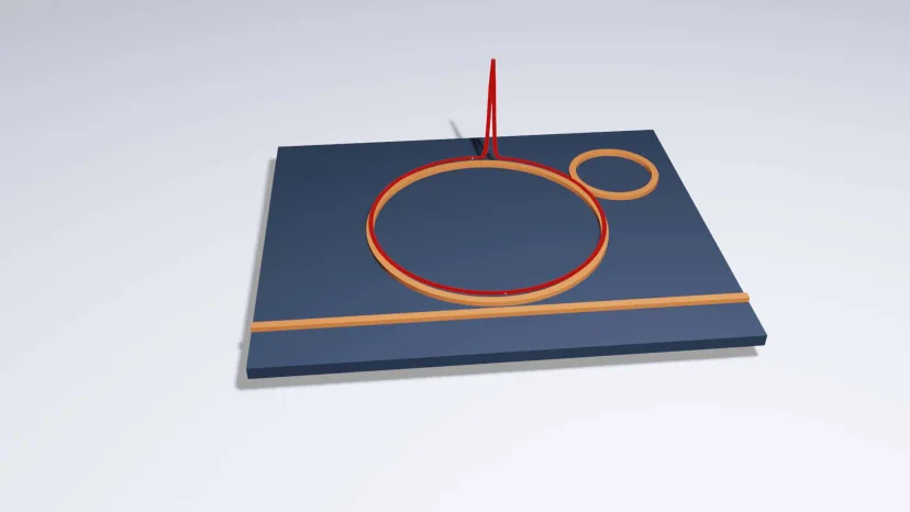 The large ring is the microresonator in which the microcomb is generated. The microcomb is formed by a pulse of light, represented by a red spike, and also known as a soliton — that recirculates in the cavity indefinitely. The smaller ring helps in coupling the light from the straight waveguide, shown at the bottom as a straight orange line, into the bigger ring. In other words, it behaves as impedance matching, and therefore the soliton is generated more efficiently. Courtesy of Óskar Helgason.