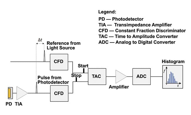 Figure 2. A simplified setup for a single-channel time-correlated single photon counting (TCSPC) functional near-infrared spectroscopy (fNIRS) system. Adapted with permission from Reference 1.