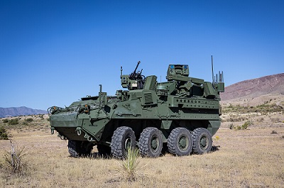 The Counter-Unmanned Aircraft System (C-UAS) Directed Energy Stryker features a 26kW laser weapon system from BlueHalo, capable of engaging Group 1-3 unmanned aircraft systems. Courtesy of Leonardo DRS.