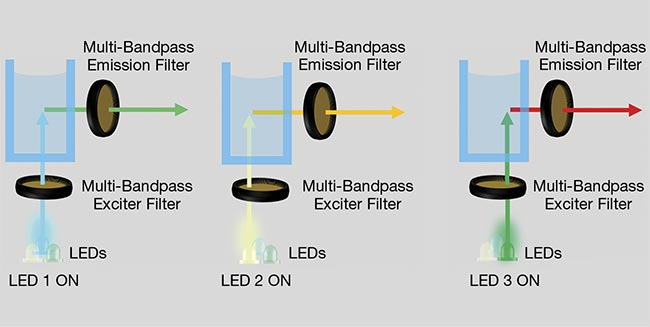 Figure 6. The multiwavelength fluorescence instrument uses three LEDs, sequentially turned on, plus a triple-bandpass exciter filter and a triple-bandpass emission filter. Courtesy of Delta Optical Thin Film.