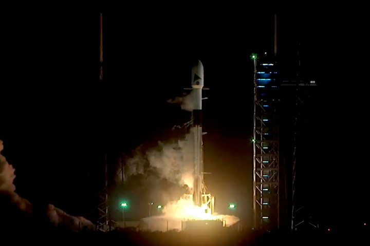 The PACE spacecraft in the process of being launched by the SpaceX Falcon 9 rocket. Courtesy of NASA.
