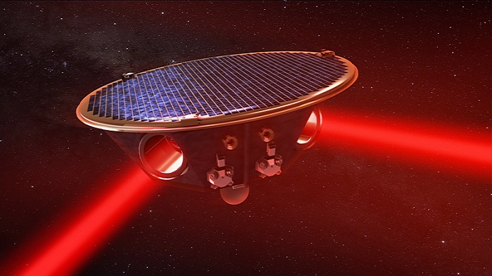 The LISA (Laser Interferometer Space Antenna) mission, led by ESA (European Space Agency) with NASA contributions, will detect gravitational waves in space using three spacecraft, separated by more than a million miles, flying in a triangular formation. Lasers fired between the satellites, shown in this artist's concept, will measure how gravitational waves alter their relative distances. Courtesy of AEI/MM/Exozet
