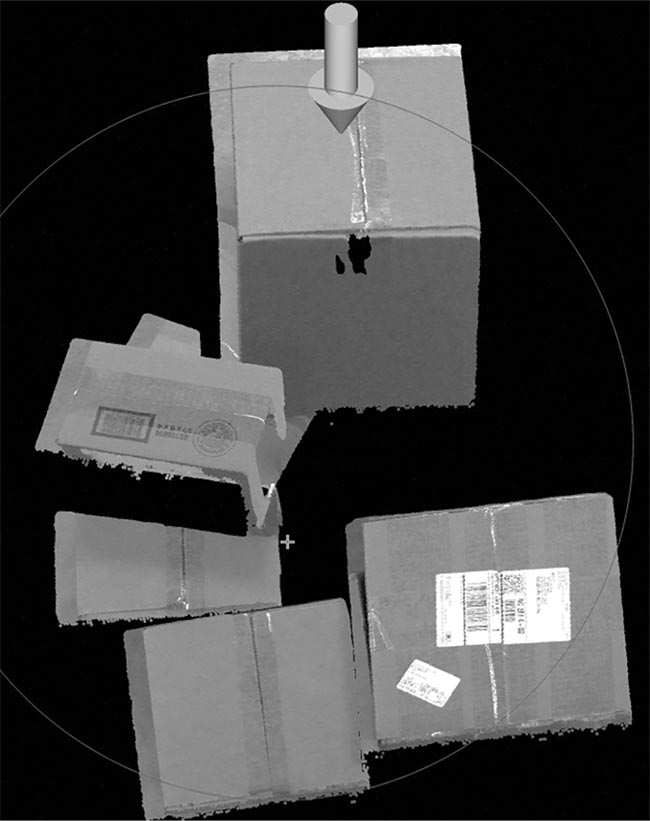 A 3D representation of a random pallet of boxes for a vision-guided robotics (VGR) pick. Courtesy of David Dechow.