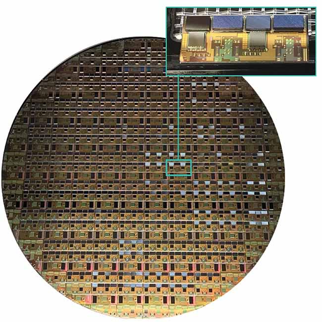 A silicon photonics device and its source wafer. By miniaturizing optical components and integrating them into the same piece of silicon, reliability, performance, and power can be simultaneously improved. Courtesy of Marvell Technology.