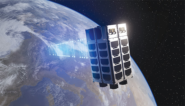 A team led by researchers at the Fraunhofer Institute for Applied Optics and Precision Engineering (Fraunhofer IOF) undertook the challenge of building a CubeSat-based quantum key distribution (QKD) system. The preliminary design illustrated how entanglement can be distributed from a space-based platform to two ground stations. Courtesy of Fraunhofer IOF.