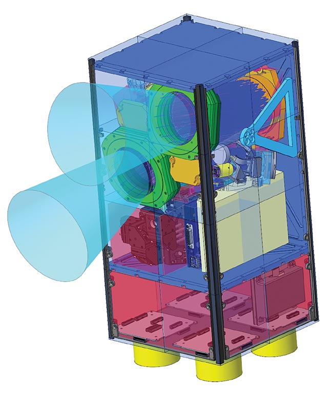 Figure 2. CubeSat platforms are designed to apportion 10-cubic-cm cubes of useful volume in a satellite. A platform configured with eight such cubes is termed an 8U configuration. The preliminary payload design for Fraunhofer IOF’s CubeSat is a 16U configuration. The optical payload occupies the top 8U portion, while the electronic payload, including the photon source, fills the mid 4U, and the satellite platform the lower 4U. Courtesy of Fraunhofer IOF.