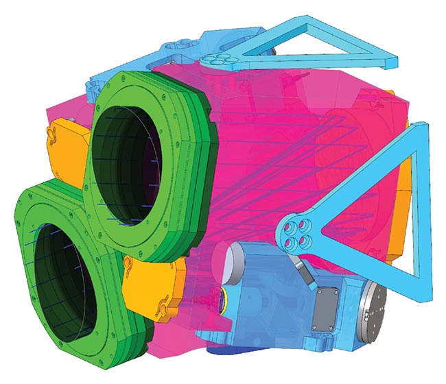 Figure 3. The optical payload of the CubEniK CubeSat contains two telescopes (pink), as well as a coarse pointing assembly (CPA) (green), beam combination components (blue), and a fine pointing assembly. Courtesy of Fraunhofer IOF.