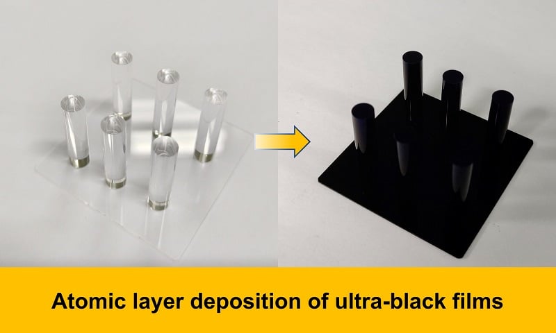 The ultrablack coating can be applied to curved surfaces and magnesium alloys via atomic layer deposition to absorb more than 99% of light. Courtesy of Jin et al.