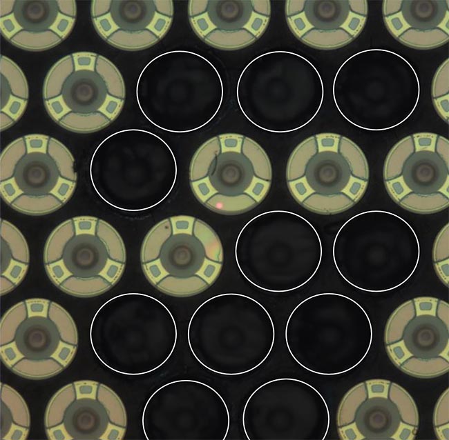 The laser trimming process (shown) as well as a cleaning process are deployed as part of the fluidic self-assembly (FSA) method to remove defective micro-LEDs from the carrier substrate before the micro-LEDs are harvested. Courtesy of eLux.