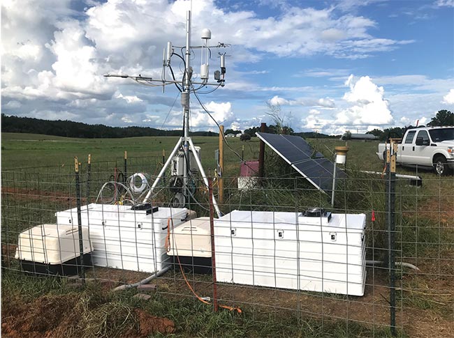 Aerodyne TILDAS instruments in their environmental enclosures performing double duty: One is dedicated to mapping subsurface nitrous oxide isotopic signatures, while the other is dedicated to measuring atmospheric nitrous oxide at a very high frequency (10× per s) to determine trace gas fluxes emanating from the surrounding soil. Courtesy of Aerodyne.