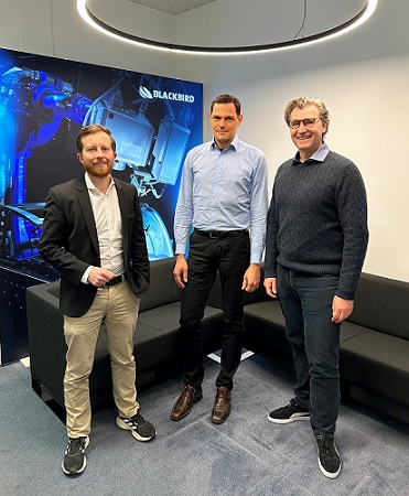 (From left) Blackbird business development department head Thibault Bautze-Scherff, global sales manager Benjamin Bopp, and CEO Karl Christian Messer. Courtesy of Blackbird Robotersysteme GmbH. 