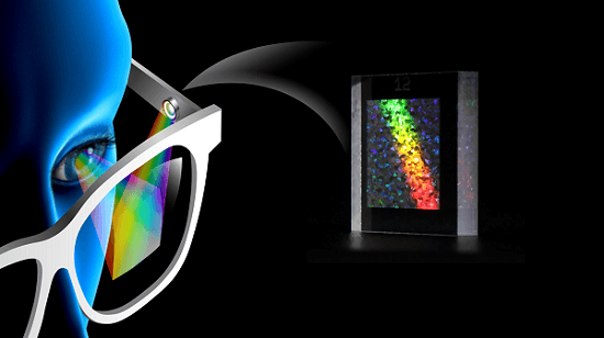 Princeton and Meta researchers have created a small optical device that makes holographic images larger and clearer. The device is small enough to be fitted in a pair of glasses, as shown, and has the potential to enable virtual reality without the need of a traditional headset. Courtesy of Princeton University.