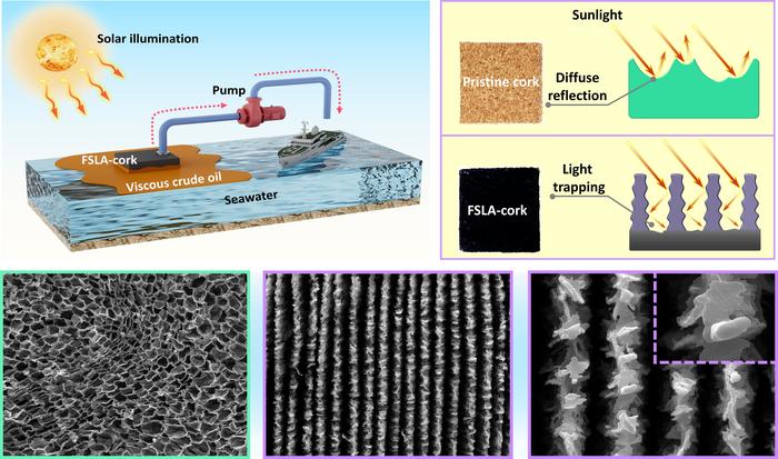 To remove oil from water, the authors used cork treated by a fast-pulsing laser method that removes some oxygen from the material, increasing the relative carbon and making it more water-repelling and oil-attracting. Laser treatment also alters the structure of the cork. When viewed at the nanoscopic level, the material has deep grooves, which increase the total surface area of the cork and allow it to trap sunlight and warm the oil, making the oil easier to collect. Courtesy of Yuchun He.