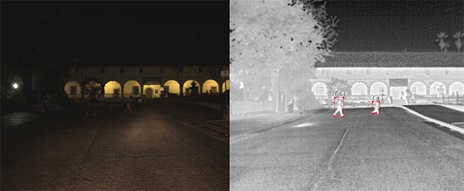 A comparison of nighttime driving imaging with visible (left) and thermal cameras (right). Courtesy of Teledyne FLIR.