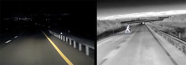 Nighttime detection with combined visible and thermal imaging. ADASKY’s shutterless LWIR camera is designed to withstand harsh requirements: -40 to 85 °C. Courtesy of ADASKY.