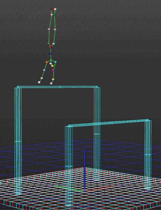 Information displayed on Fujitsu’s Judging Support System (JSS) screen (top). The left side of the image shows the video data and the height and body angle of the elements performed by the athlete in a timeline. The right side displays the athlete’s movements in 360°. The lower part of the image displays each element performed and a characterization of its difficulty.  Fujitsu’s Judging Support System (JSS) tracks the movement of a gymnast in action (middle) and precisely captures the position of individual body parts in relation to the uneven bars (bottom). Courtesy of Fujitsu.