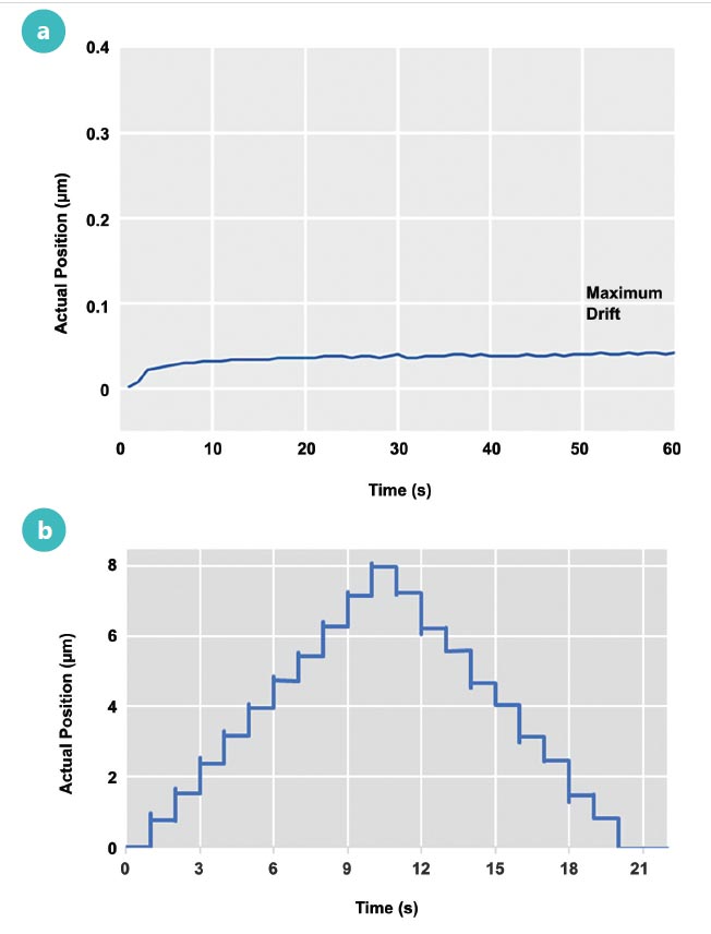 Figure 4. Representative data from an ultrasonic positioning stage showing low long-term stability, better than 50 nm (a) and a series of 1-µm steps (b). Courtesy of PI.