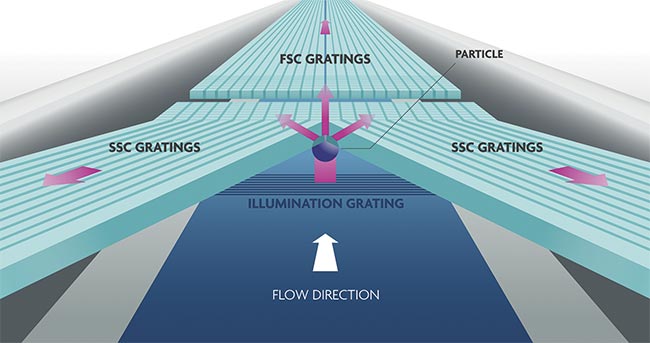 Figure 5. The on-chip flow cytometer consists of illumination photonics in the bottom silicon layer, topped with microfluidics in silicon, and collection photonics in a quartz layer. Light that is scattered in the forward direction is collected by forward scattered light gratings, while the side scattering collection is collected by side scattered light gratings. Adapted with permission from Reference 3.