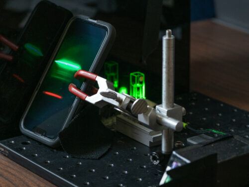A smartphone records the Raman spectrum of an unknown material (an ethanol solution, in this example) for further analysis. Courtesy of Texas A&M University Engineering.