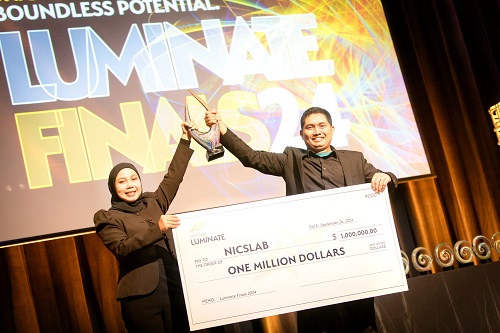(From left) Nicslab co-founder Anggi Utami and co-founder and CEO Andri Mahendra accept the $1 million prize for Company of the Year at the Luminate 2024 finals. Courtesy of Luminate.