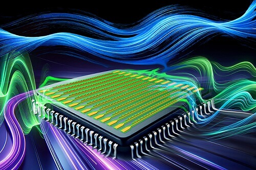 The chip-scale, lightwave-electronic mixer is depicted at petahertz-scale frequencies. The researchers believe the device will lead to the advancement of communications technologies and developing nanoscale lightwave electronic circuitry for transmitting optical signals. Courtesy of Sampson Wilcox/Research Laboratory of Electronics.