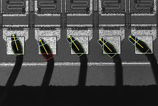 Bonding connections (top) and cables (bottom) are detected accurately. Courtesy of MVTec Software GmbH.