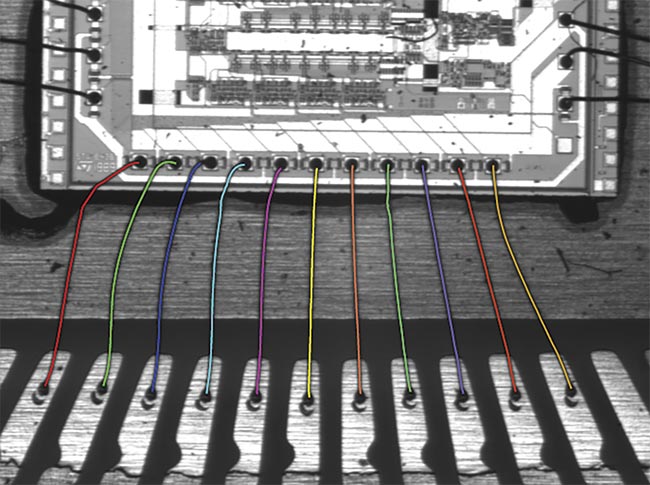 Bonding connections (top) and cables (bottom) are detected accurately. Courtesy of MVTec Software GmbH.