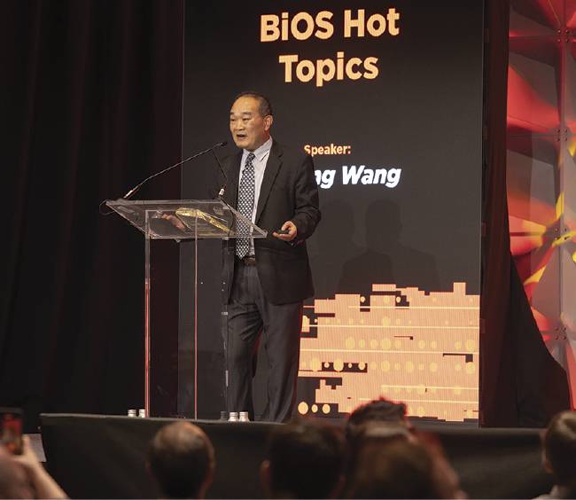 Ruikang Wang, a professor in the bioengineering department at the University of Washington, delivers a speech after accepting the 2025 Britton Chance Biomedical Optics Award. Courtesy of SPIE.