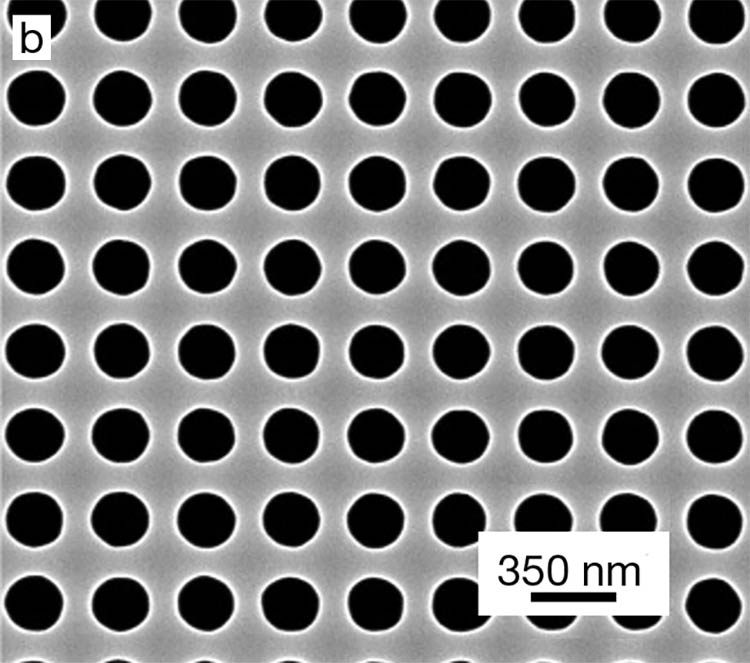 Figure 4. Representative microscopy images of 2D periodic patterns fabricated using DTL. Circular holes in a hexagonal lattice (a). Circular holes in a square lattice (b). A double-hole square lattice (c). Images (a) and (c) are adapted with permission from Reference 4. Courtesy of Eulitha AG.