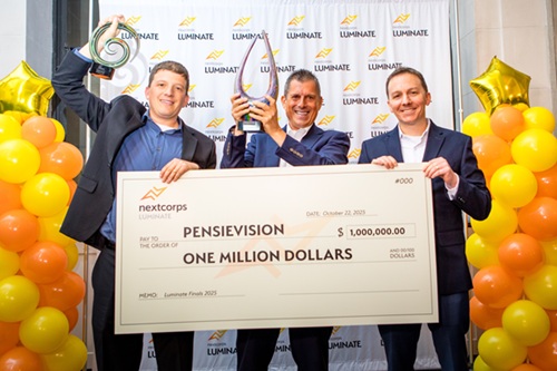 (From left) Pensievision’s Benjamin Carson, Tal Almog, and Joseph Carson accept the top prize at the Luminate NY Finals 2025, held in Rochester. Courtesy of Luminate. 