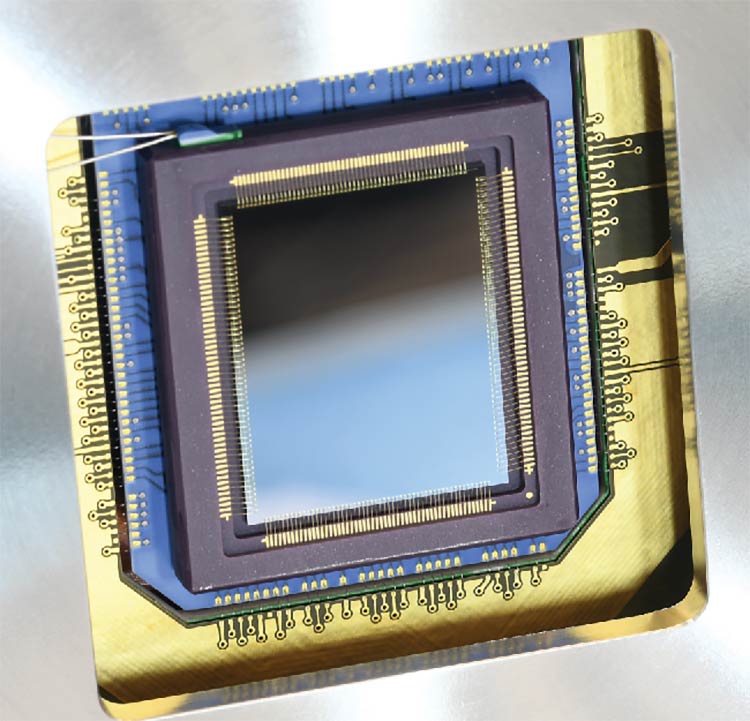An image captured by an HDR scientific CMOS (sCMOS) camera. Courtesy of Excelitas (top). A backside-illuminated sCMOS sensor used in Oxford Instruments’ Sona camera for fluorescence microscopy applications. Courtesy of Oxford Instruments (bottom).
