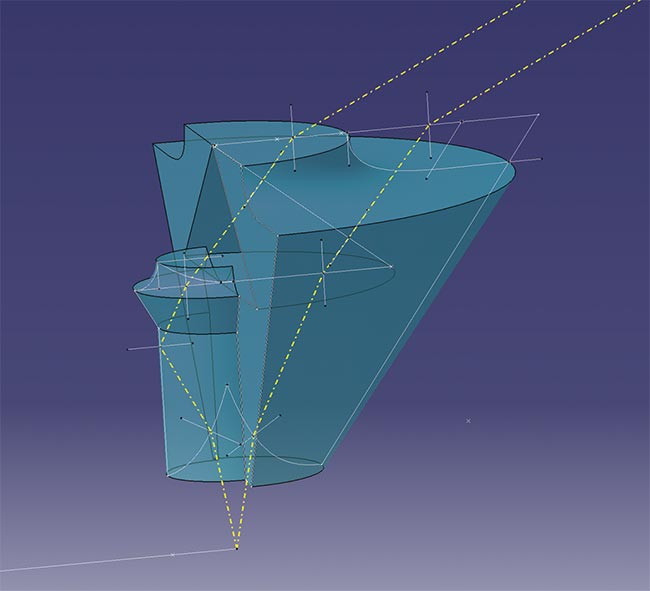 Figure 2. This full silicone lens features undercuts that are designed into the optic. A central undercut enables off-axis, uniform plane illumination using a light source. The addition of solder clips makes the optic a surface-mount solution. Courtesy of LumenFlow.
