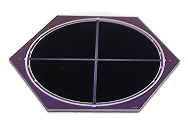 Figure 2. A black silicon four-quadrant detector chip (top) and a packaged component optimized for 1064 nm. In addition to defense applications, black silicon-based four-quadrant detectors are beneficial for other applications for which precise laser beam tracking or alignment is needed. The technology holds promise for medical imaging technologies and industrial process control. Black silicon nanostructures could also enable new capabilities in scientific instrumentation and analytical devices operating in the NIR. Courtesy of ElFys.