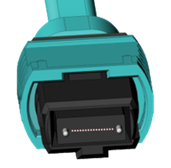Figure 2. Left: a multi-fiber push on fiber optic connector used in optical fiber communication systems. Right: a 16-fiber expanded beam optic for the multi-fiber push on connector’s front face. The holes are mated with pins to align the fibers with the lenses.