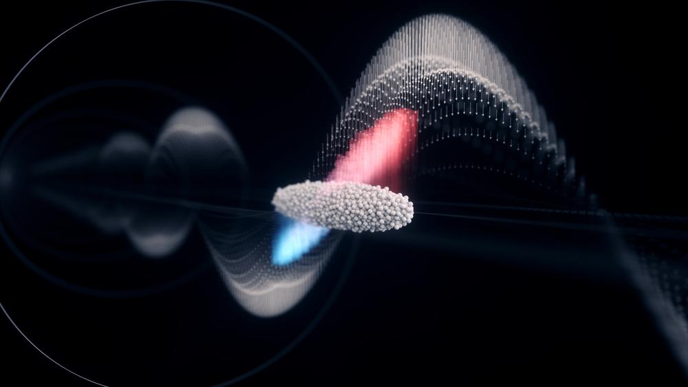 Energy compression of a laser-plasma accelerated electron bunch in an active radiofrequency cavity: High-energy electrons at the beginning of the pulse are decelerated while low-energy electrons at the end of the bunch are accelerated. Courtesy of Science Communication Lab for DESY.