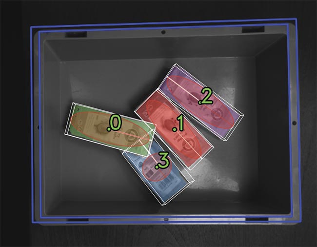 Bags in a box, captured by one camera in a dual stereo vision system (top). An AI evaluation result from combining left and right images in a stereo vision system. Four bags were detected, with grasp points labeled .0 to .3 (bottom). Courtesy of Basler.