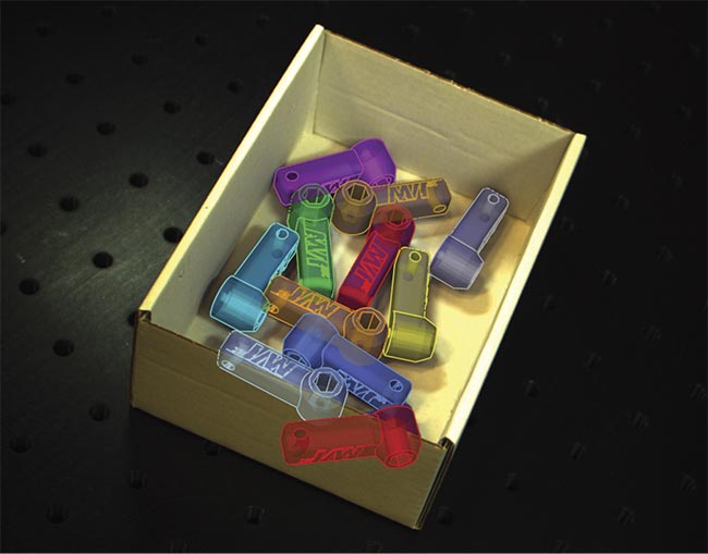 A bin of parts (top) and their 3D poses (bottom) extracted from 2D images. With this 3D information, a robot can perform pick-and-place as part of automated processing. Courtesy of MVTec.