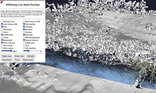 A screenshot of the 3D visualization software showing a false-color hypermesh on a real-time generated mesh from a lidar. Courtesy of HySpex by NEO.