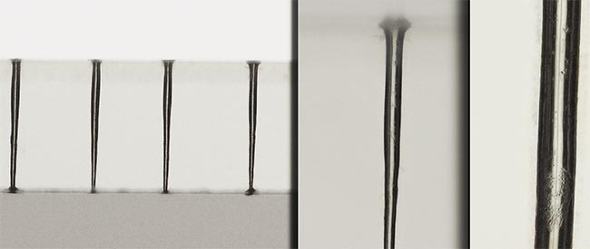 A through-glass via (TGV) is fabricated by repetitive single femtosecond-pulsed percussion drilling in Eagle XG glass. Zoomed-in hole entrance and inner wall (middle). Shiny inner walls, crack-free and without post-processing (right). The substrate is 500 µm thick. Courtesy of Fluence.technology.