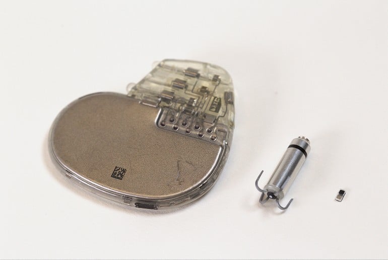 (From left) A traditional pacemaker, a leadless pacemaker, and the pacemaker developed at Northwestern University. Courtesy of Northwestern University.