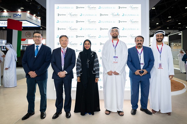 Representatives from Kumarah AI, iniVation, SynSense, Khalifa University Enterprises Company, and Strata Manufacturing signed the memorandum of understanding to establish the collaboration. Courtesy of Khalifa University of Science and Technology.