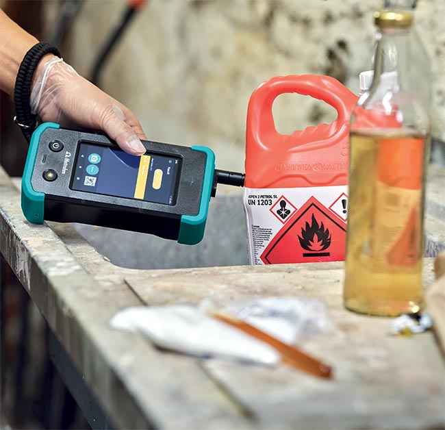 A hand-held Raman analyzer is used to measure through an opaque container to reliably identify gasoline (top). A liquid sample is placed into a vial holder accessory of a Raman analyzer for identification (middle). A Raman analyzer is used to determine the presence or absence of narcotics in a plastic bag (bottom). A right-angle sampling accessory allows the operator to contact the sample without exposure. Courtesy of Metrohm.