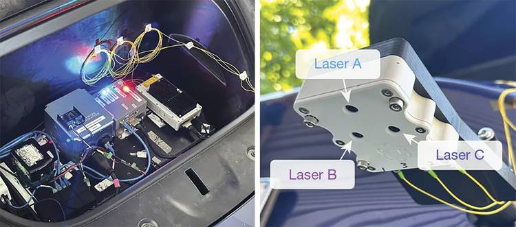 The LVS-integrated fiber optic gyroscope (FOG) inertial navigation system (INS) was inserted into a car for its ground tests. It uses three infrared lasers to measure a vehicle’s ground-relative 3D velocity. Courtesy of Advanced Navigation.