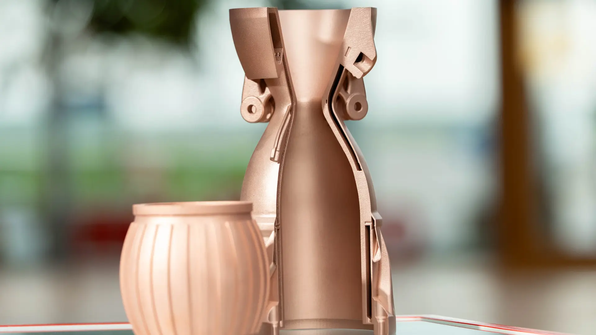 The additive manufacturing process developed through project InShaPe was used to produce parts of an aerospace combustion chamber made of copper alloy. Courtesy of TU Munich/Frederik Watzka.