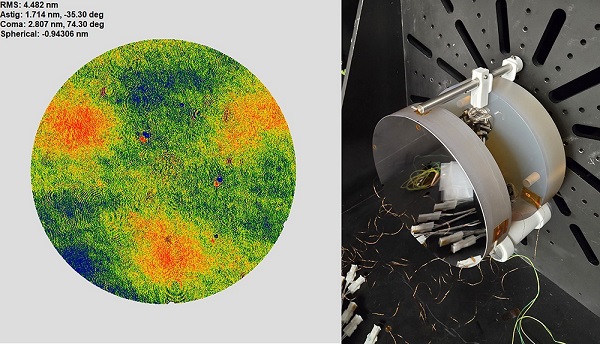 The ALLVAR enabled Ultra-Stable Hexapod Assembly undergoing interferometric testing between 293K and 265K (right). On the left, the root mean square (RMS) changes in the mirror’s surface shape are visually represented. The three roughly circular red areas are caused by the thermal expansion mismatch of the invar bonding pads with the ZERODUR mirror, while the blue and green sections show little to no changes caused by thermal expansion. The surface diagram shows a less than 5 nm RMS change in mirror figure. Courtesy of NASA’s X-Ray and Cryogenic Facility.