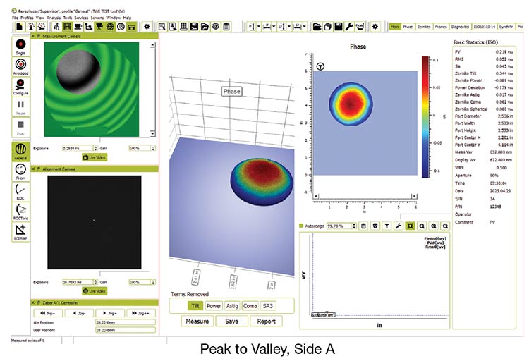 Figure 1. An optic with complementing convex and concave surfaces and excellent transmitted wavefront error (TWE), which is typical of double-sided polishing (DSP). Courtesy of Precision Glass & Optics.