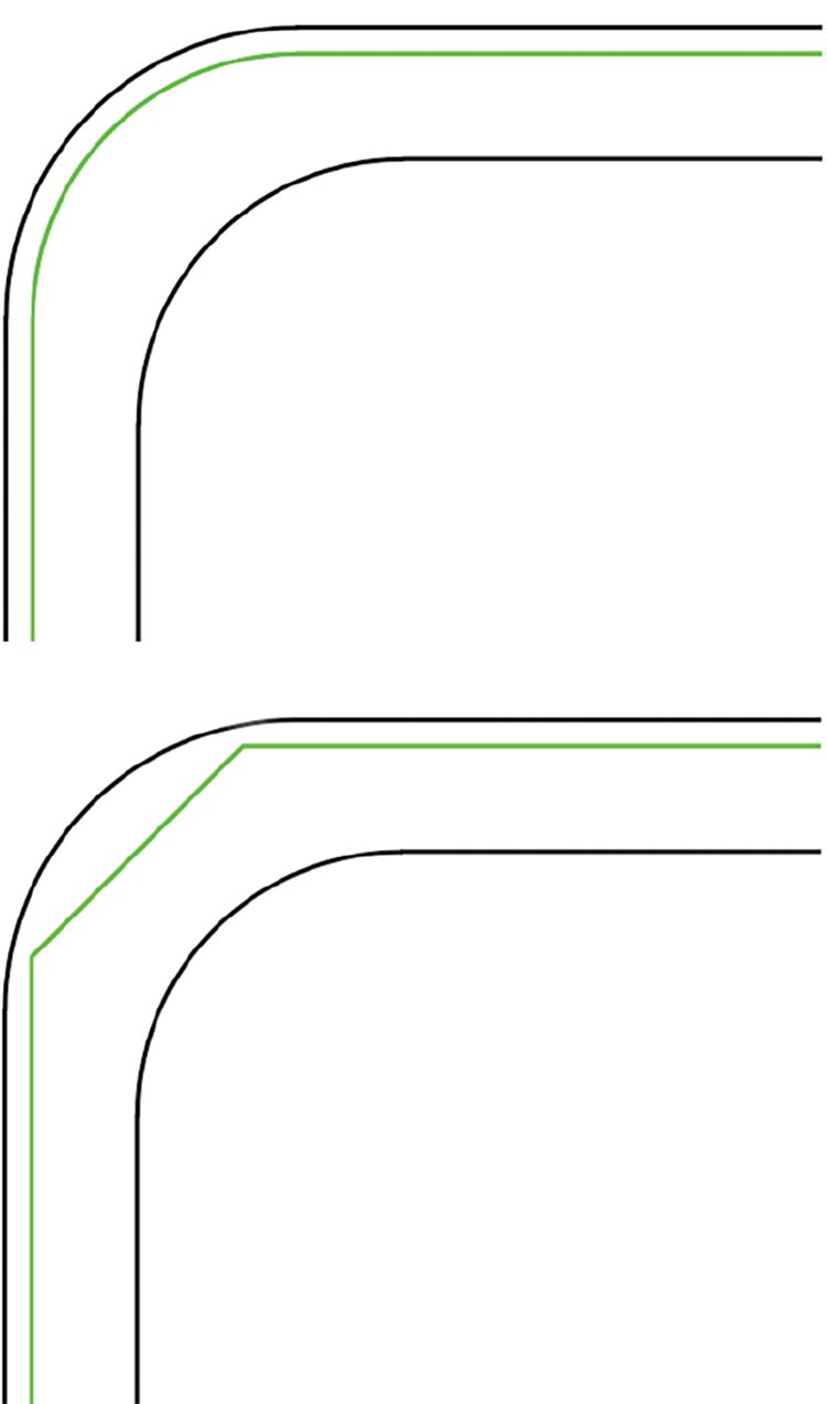 Figure 4. A radius versus a bevel model. The green line indicates radius corners (top) and 45° beveled corners (bottom). Courtesy of Precision Glass & Optics.
