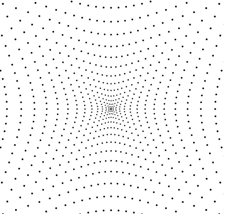 Figure 2. An inhomogeneous sampling lattice generated by deforming a square array (top). Inhomogeneous retinal sampling contributes to a disproportionately greater need for interconnect volume in the optic nerve, as well as increased surface area of the cerebral cortex to process foveal information compared to peripheral information (bottom). Courtesy of ORCA Med.